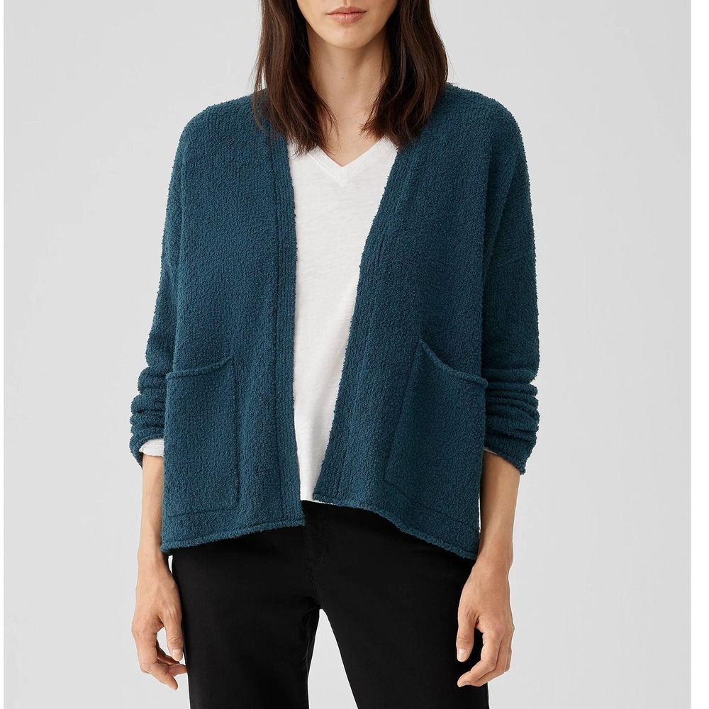 Eileen Fisher Teal Organic Cotton Cashmere Boucle Open Front Cardigan Large